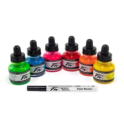 Afbeelding van DALER ROWNEY Neon Acryl Set van 6 inkten 29,5 ml + 1 FW Mixed Media lege marker, niet toepassing
