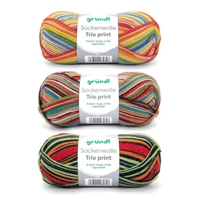 Afbeelding van Gründl Sock Wool Trio Breiwol, 3 x 75% scheerwol, 25% polyamide, 100 g met handleiding (mogelijk niet beschikbaar in het Nederlands), kleurrijke strepen