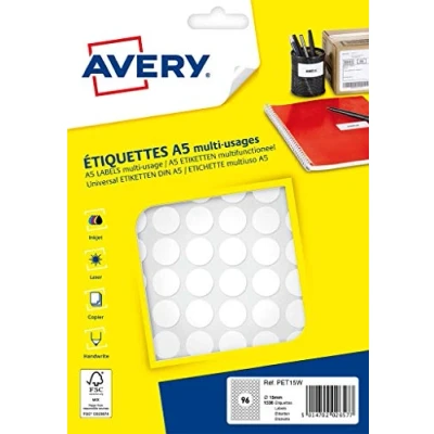 Afbeelding van Avery Pet15w Ronde Markeringsetiketten, Diameter 15 Mm, Blister Van 1536 Stuks, Wit Markeringsetiketten
