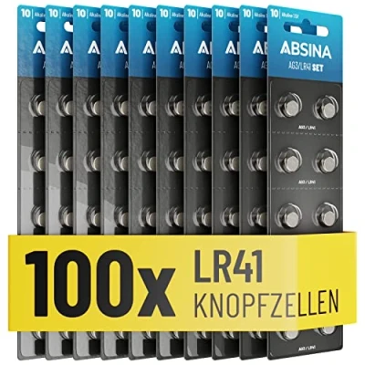 Afbeelding van ABSINA Alkaline knoopcellen, AG3, LR41, 1,5 V, lekvrij, lange levensduur, LR736, G3, G3A, 3GA, 192, GP192, V3GA, RW87, 100 stuks