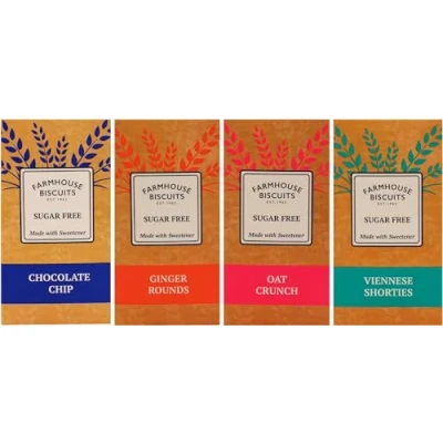 Afbeelding van Farmhouse Selectie van luxe suikervrije koekjes Weense shorties, knapperige havermoutkoekjes, gemberkoekjes en chocoladekoekjes elk 150 g