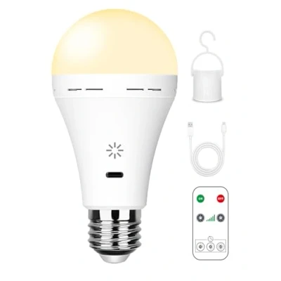 Afbeelding van USB C gloeilamp, oplaadbaar, met afstandsbediening, 12 W, led, accu, E27, touchscreen, dimbaar, synchronisatiefunctie, voor buiten, camping, noodlamp haak, 3000 k/1 verpakking