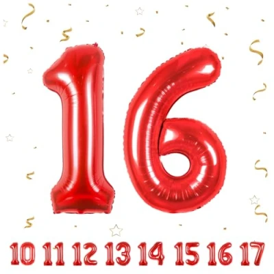 Afbeelding van Ballonnen verjaardag 16 rood 100 cm ballon cijfer 16, nummer Happy Birthday decoratie, ballonnen, verjaardagsfeest, jaren vliegen dankzij helium