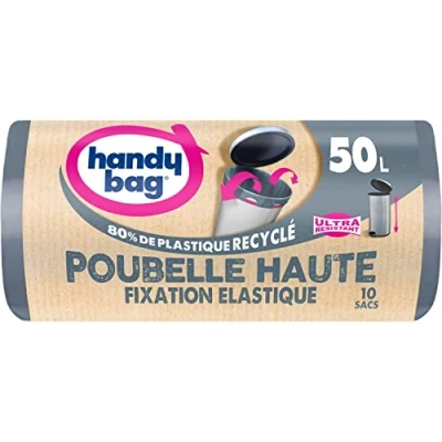 Afbeelding van Handy Bag Hoge afvalzakken met elastische bevestiging 50L x 10 zakken Houdt de zak op zijn plaats Extra sterk 3 laags folie Maximale dichtheid 100% gerecycled plastic