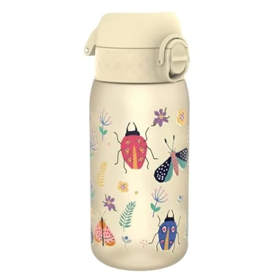Afbeelding van ION8 Drinkfles voor kinderen, 350 ml, lekvrij, gemakkelijk te openen, veilige vergrendeling, vaatwasmachinebestendig, BPA vrij, draaggreep, reinigen, koolstof, motief insectenleven