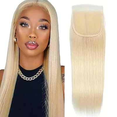 Afbeelding van Tuheerst 4 x kanten front, blond, steil menselijk haar, sluiting, echt Braziliaans 613 voorgeplukt met babyhaar, 100% onbewerkt Virgin 35,6 cm