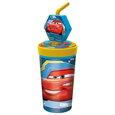 Afbeelding van p:os Cars kinderbeker met geïntegreerd rietje, deksel en 3D figuur, beker een inhoud van ca. 475 ml, ideaal voor koude dranken