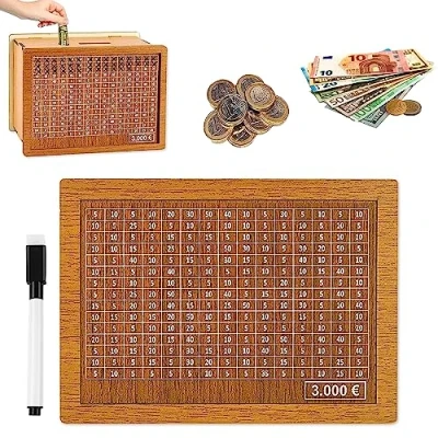 Afbeelding van AOMAIGAD spaarpot van hout, digitale spaarpot, herbruikbaar, met uitwisbare pen, doelen en spaarcijfers, houten voor volwassenen kinderen (3000)