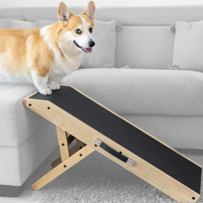 Afbeelding van Hondenloopplank Hondentrap Voor grote en kleine honden PriorPet Instelbaar 18 tot 53 cm Bed Bank Berkenhout Landingsplatform sluit naadloos aan Loopplank Hond Opvouwbaar Naturel