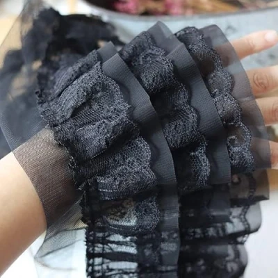 Afbeelding van Yulakes 3D chiffon kanten lint, 1 m, wit en zwart, 3 lagen, geborduurde band met ruches, rand, voor kleding, kraag, naaien, 12 cm, zwart