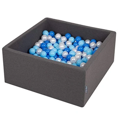 Afbeelding van KiddyMoon Ballenbad, vierkant 90 cm x 40 hoog, 200 ballen met een diameter van 7 kleurrijke voor baby&#039;s en kinderen, donkergrijs: babyblauw/blauw/parel