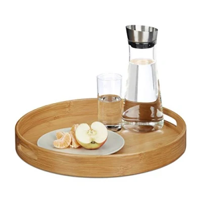 Afbeelding van relaxdays dienblad bamboe rond, serveerblad, gastronomie hout met rand 38 cm