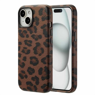 Afbeelding van Selencia Hoesje geschikt voor iPhone 15 Sabi Backcover panterprint MagSafe Mocha Brown