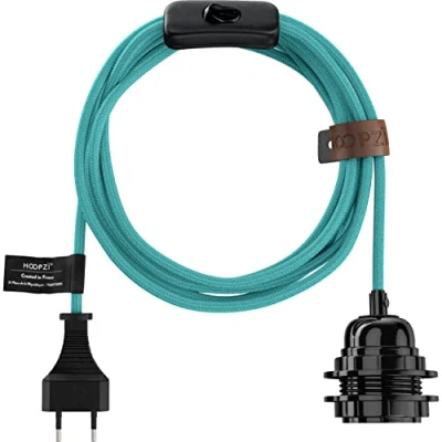 Afbeelding van Hoopzi Bala Elektrische textieldraad van 4,5 meter 36 kleuren E27 fitting met schakelaar Voor hanglamp of creatieve lamp Turquoise