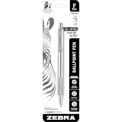 Afbeelding van Zebra Pen F 701 intrekbare balpen, roestvrijstalen behuizing, fijne punt, 0,8 mm, zwarte inkt, 1 verpakking