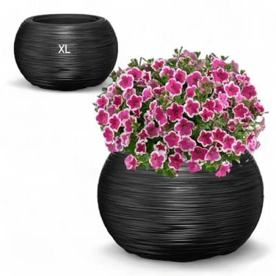 Afbeelding van MELTOM Bloempot, kunststof, met uitneembare binnenpot, rond, gegroefd, antraciet, maat XL
