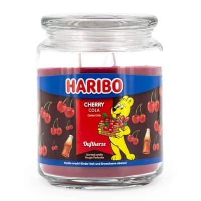Afbeelding van Haribo geurkaars in glas met deksel, Cherry Cola, fruitige geurkaars, langdurige kaarsen (100 h), rode kaarsen, grote (510 g)
