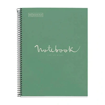 Afbeelding van Miquelrius gerecycled notitieboek A4, 80 vellen g/m², 5 x mm geruit, papier (teruggewonnen na consumptie), 1 gekleurde band, 4 gaten, gerecyclede omslag, mintgroen