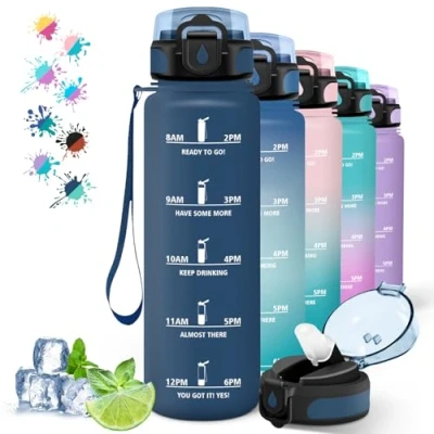 Afbeelding van Gourde 1l Sport Anti Fuite, Paille pour Running, Graduée avec Marqueur de Temps, Motivation adulte, Facile à Nettoyer, Extérieur, Camping, Randonnée, Navibleu