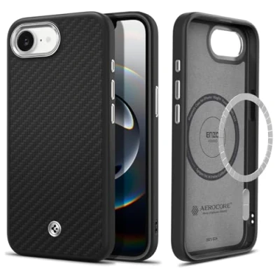 Image de Spigen Enzo Aramid Coque de protection pour téléphone portable compatibilité avec MagSafe polyuréthanne thermoplastique (TPU), fibre aramide noir mat Apple iPhone 16e