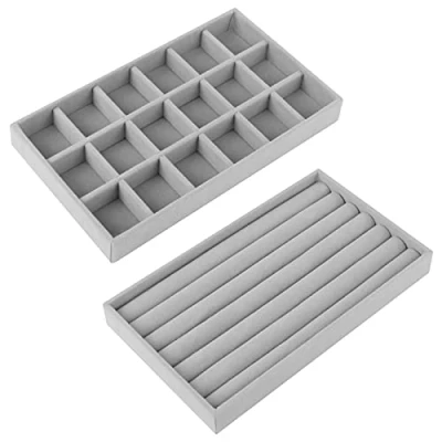 Afbeelding van Sieradendoos, 2 stuks sieradenopslag, sieradendoos voor dames, en displays, van fluweel ringen, oorbellen, halskettingen (grijs)