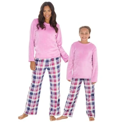 Afbeelding van Undercover Superzachte fleece pyjama met lange mouwen voor volwassenen en kinderen, roze/blauw geruit