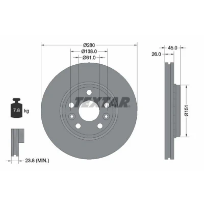 Afbeelding van TEXTAR PRO 92257903 Remschijf 280 26 05/07 108 Buiten geventileerd Gecoat Zonder wielbevestigingsbout, wielnaaf RENAULT: Kangoo II Express