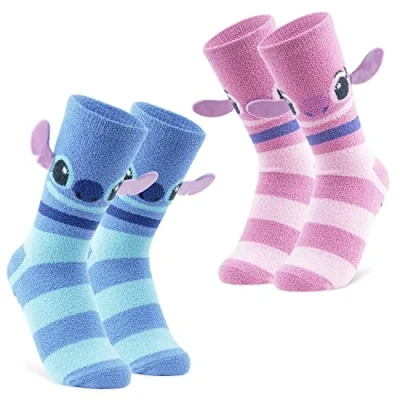 Afbeelding van Disney Damessokken, 2 paar antislipsokken, Stitch en engel, roze, blauw, strepen, Roze blauwe strepen