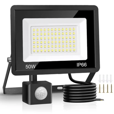 Afbeelding van Jsdoin 50 W buitenveiligheidslampen met bewegingsmelder, 4500 lumen, 6500 K, PIR veiligheidslamp, led schijnwerper, IP66, waterdichte daglamp 2 m kabel voor garage
