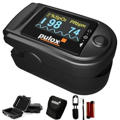 Afbeelding van PULOX PO 200A pulsoximeter met schakelbare alarmfunctie en accessoires, zwart