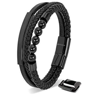 Afbeelding van SERASAR Lederen Herenpolsbandje [Pearl] Zwart 17cm Geweldig Idee