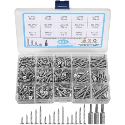 Afbeelding van 405 stuks zelftappende schroeven voor houtbouw, roestvrij staal, met 3 bits M3/M3,5/M4, 12 mm/16 mm/20 mm/25 mm/30 mm/35 mm, torx zelfborende van staal