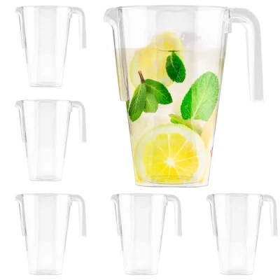 Afbeelding van MATANA 6 Doorzichtige Plastic Kannen (1,5 L), Kunststof Kruik voor Water, Sap, Cocktails, Bier Kinderfeestjes, Verjaardagen, Bruiloften, Picknicks, Feesten Herbruikbaar en Stevig