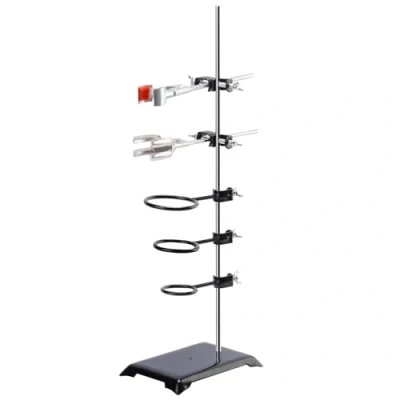 Afbeelding van stonylab Laboratoriumstandaard, stalen houder met stang (60 cm l), 4 prong bureauklem, terugloopring, zuigertang en bos haarband