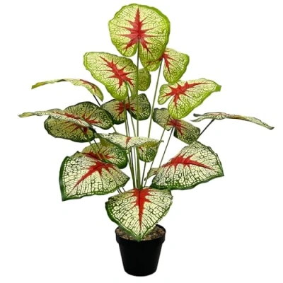 Afbeelding van Zelihrdu Kunstplant in pot, grote kunstpalm van kunststof, decoratie voor woonkamer, balkon, slaapkamer, kantoor, tuin, bruiloft, 75 cm, rood en groen