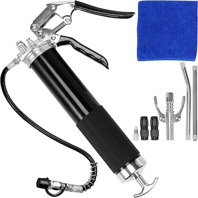 Afbeelding van VEVOR Professioneel smeerpistool met handgreep 6000 psi capaciteit 400 cc, robuust 19,69 inch flexibele slang, 2 zwarte platte verbindingen, 1 puntige aansluiting en harde metalen buizen