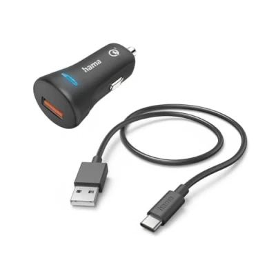 Afbeelding van Hama Autosnellader met oplaadkabel 19,5W Oplader set USB naar C Snellader 1,5 meter Geschikt voor Smartphones, Earbuds, tablets Beveiliging Zwart