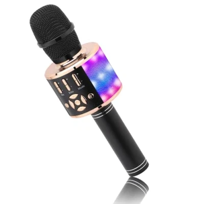Afbeelding van BONAOK draadloze microfoon voor kinderen, magisch geluid, karaoke, 4 in 1 Bluetooth karaoke machine, karaokemachine volwassen auto, feest/buiten/reizen (zwart goud)