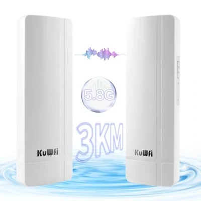 Afbeelding van KuWFi 2 stuks 1000 Mbps outdoor wifi bruggen, punt tot voor 3 km netwerkuitbreiding, videobewakingscamera, Starlink router, IP65 waterdichte draadloze brug met 16 dBi antenne en adapter