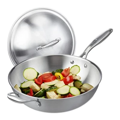 Afbeelding van Relaxdays Wok 10038407 23 x 60 32 cm, roestvrij staal, niet gecoat, voor gas, elektrisch, inductie, met deksel en handvat, zilver