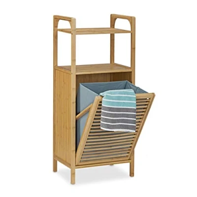 Afbeelding van relaxdays wasmand met plankje, badkamerrek, badkamerkast, wastrommel bamboe hout