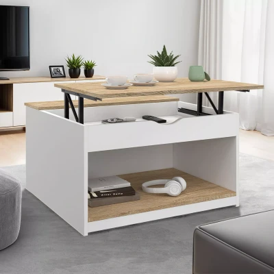 Afbeelding van ELEA vierkante salontafel met hefplateau en witte beukenhouten box
