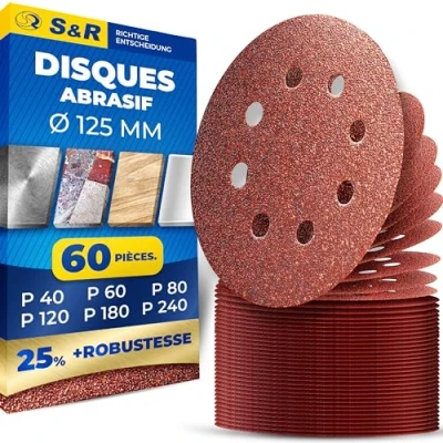 Afbeelding van S&amp;R Schuurschijven, schuurpapier, Bosch, Dewalt, Einhell, 60 schijven, 125 mm: P40/P60/P80/P120/P180/P240 8 gaten