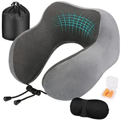 Afbeelding van Eono Reiskussen, reiskussen met traagschuim, ergonomisch voor vliegtuig en trein, slaapmasker, oordopjes, draagtas inbegrepen