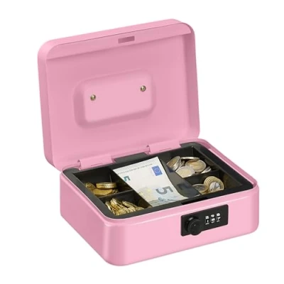 Afbeelding van Relaxdays geldkistje met cijferslot geldkluisje slot kistje voor geld geldcassette roze