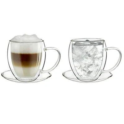 Afbeelding van Creano Set van 2 dubbelwandige glazen met schotel, extra groot hittebestendig glas borosilicaatglas, geïsoleerd, koffie/theebeker, 250 ml