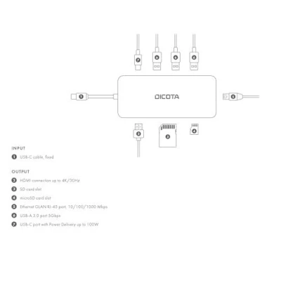 Afbeelding van Dicota USB C (USB 3.2 Gen 2) multiport hub 8 poorten Met aluminium behuizing, ingebouwde netwerkaansluiting, SD kaartlezer,