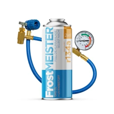 Afbeelding van FrostMEISTER 2 in 1 auto airconditioning navulset 400 ml met manometerslang voor R134a (1995 2016) snel, eenvoudig en veilig te gebruiken