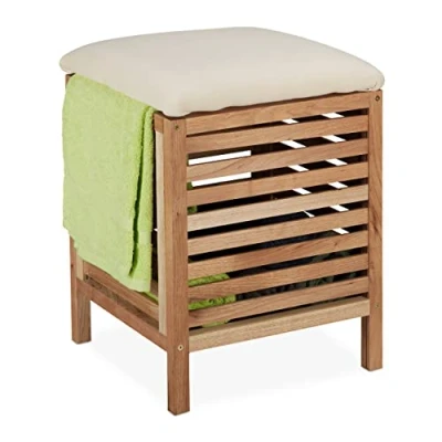Afbeelding van Relaxdays wasmand met kruk 35 liter badkamer hocker opbergruimte opbergkruk hout