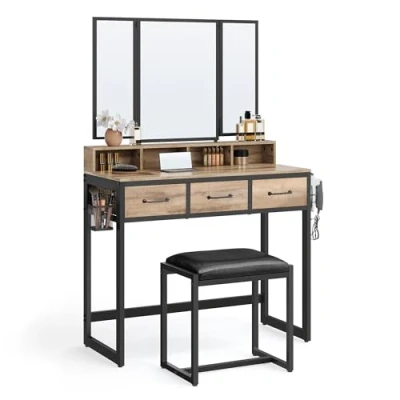 Afbeelding van VASAGLE RVT004B50 Make uptafel met gestoffeerde kruk, drievoudige spiegel, 3 laden, haardrogerhouder, industriële stijl, eikenbruin/zwart